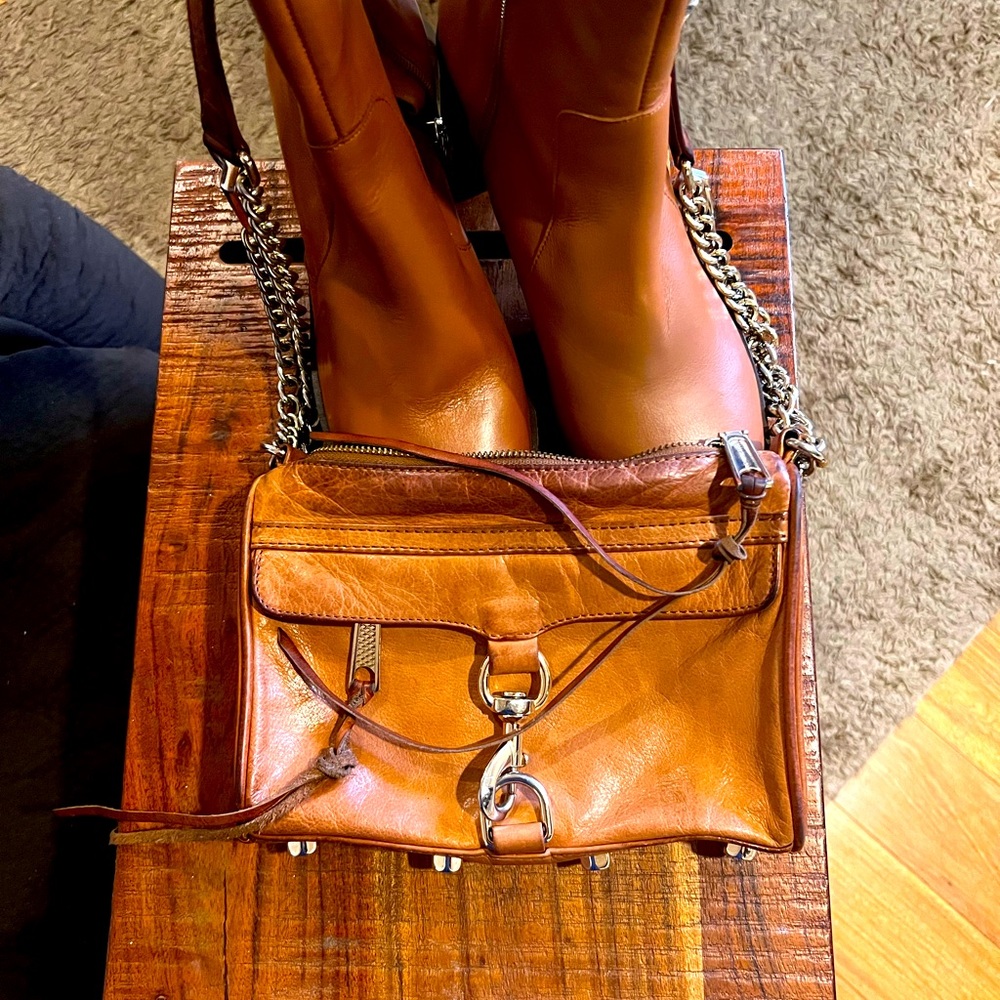 Rebecca Minkoff- Cool leather, gold chain hardware mini over shoulder purse.